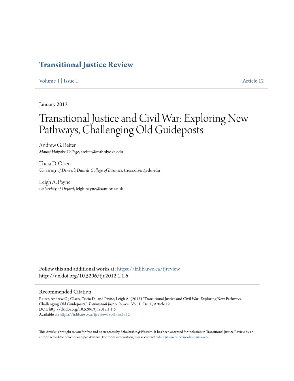 Transitional Justice and Civil War: Exploring New Pathways, Challenging Old Guideposts Andrew G