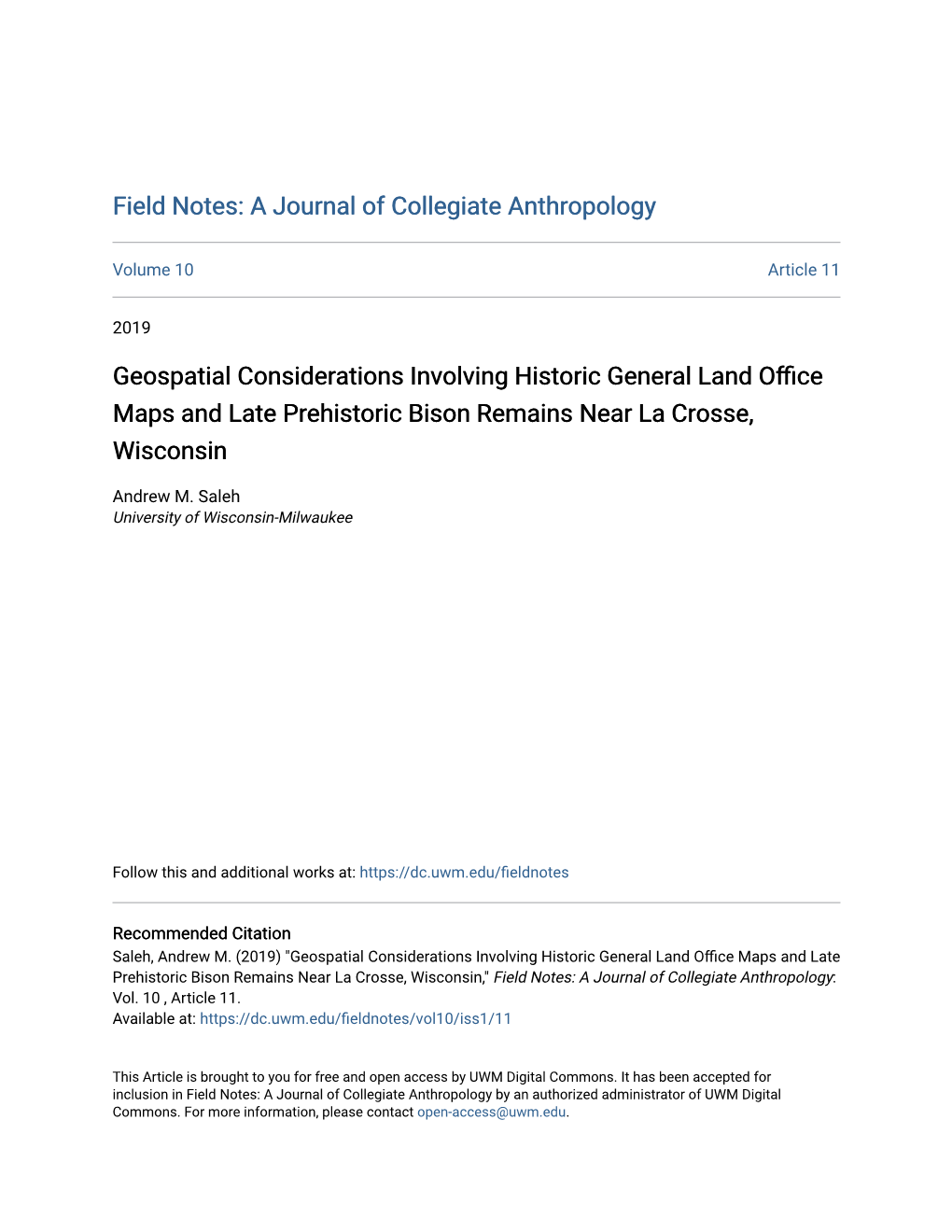 Geospatial Considerations Involving Historic General Land Office Maps and Late Prehistoric Bison Remains Near La Crosse, Wisconsin