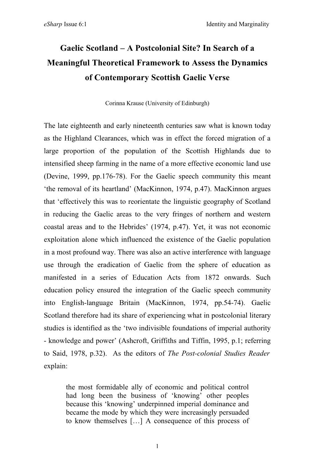 Gaelic Scotland – a Postcolonial Site? in Search of a Meaningful Theoretical Framework to Assess the Dynamics of Contemporary Scottish Gaelic Verse