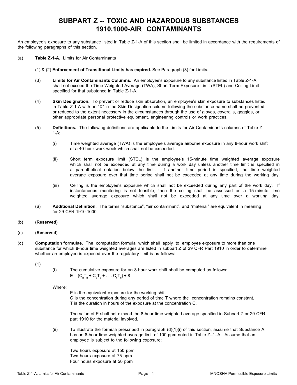 Air Contaminants – Permissible Exposure Limits (Pels)