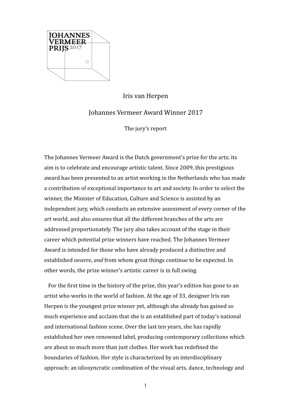 Jury Report Johannes Vermeer Award 2017