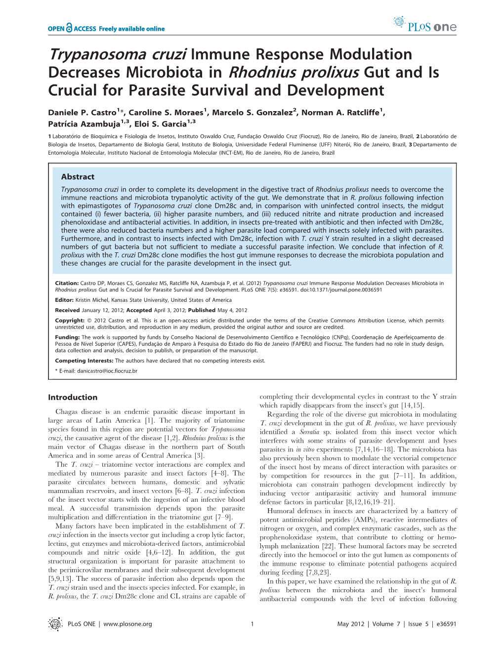 Trypanosoma Cruzi Immune Response Modulation Decreases Microbiota in Rhodnius Prolixus Gut and Is Crucial for Parasite Survival and Development