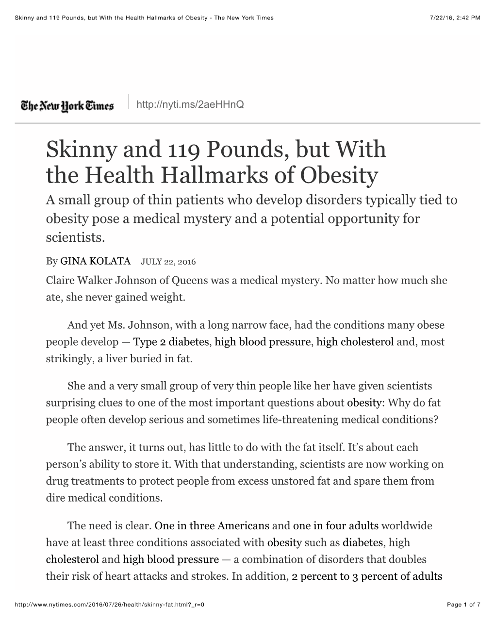 Skinny and 119 Pounds, but with the Health Hallmarks of Obesity - the New York Times 7/22/16, 2:42 PM