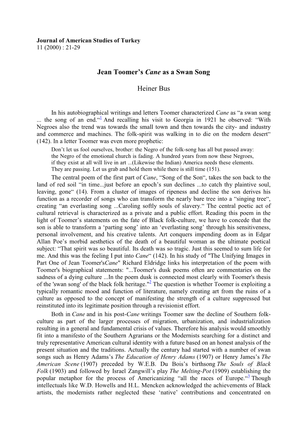 Jean Toomer's Cane As a Swan Song Heiner