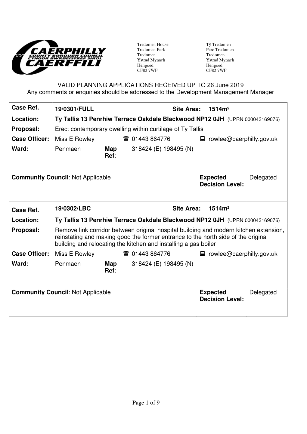 Page 1 of 9 VALID PLANNING APPLICATIONS RECEIVED up TO