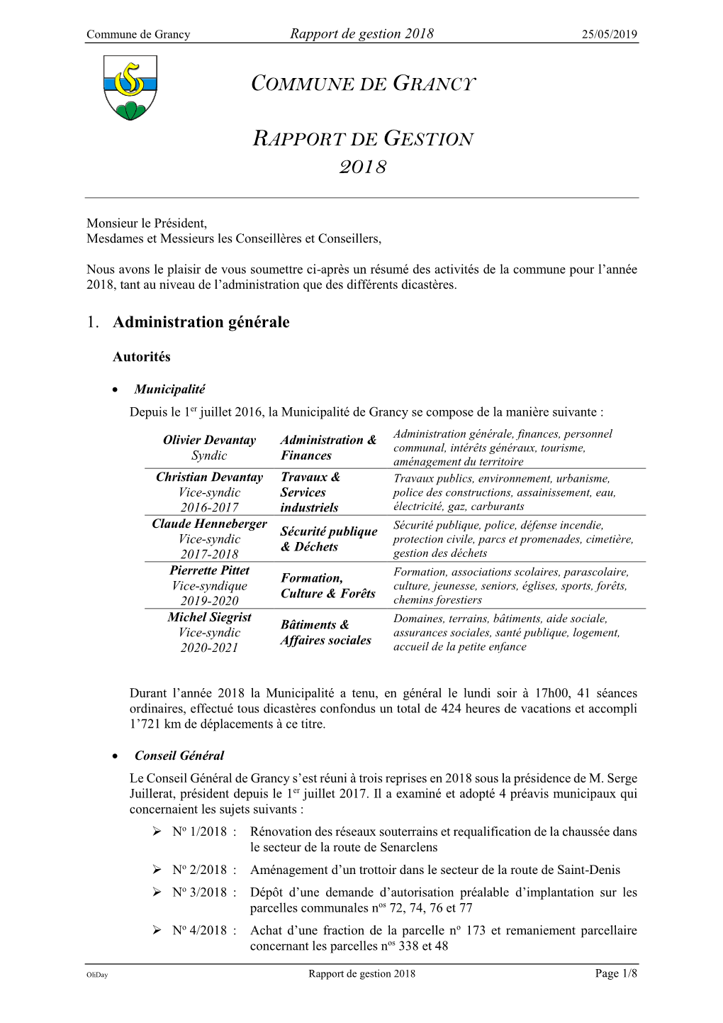 Rapport De Gestion 2018 25/05/2019