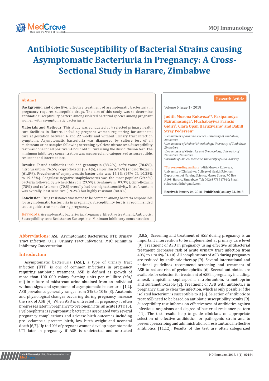 Antibiotic Susceptibility of Bacterial Strains Causing Asymptomatic Bacteriuria in Pregnancy: a Cross- Sectional Study in Harare, Zimbabwe