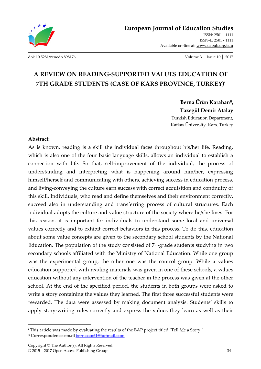 A Review on Reading-Supported Values Education of 7Th Grade Students (Case of Kars Province, Turkey)