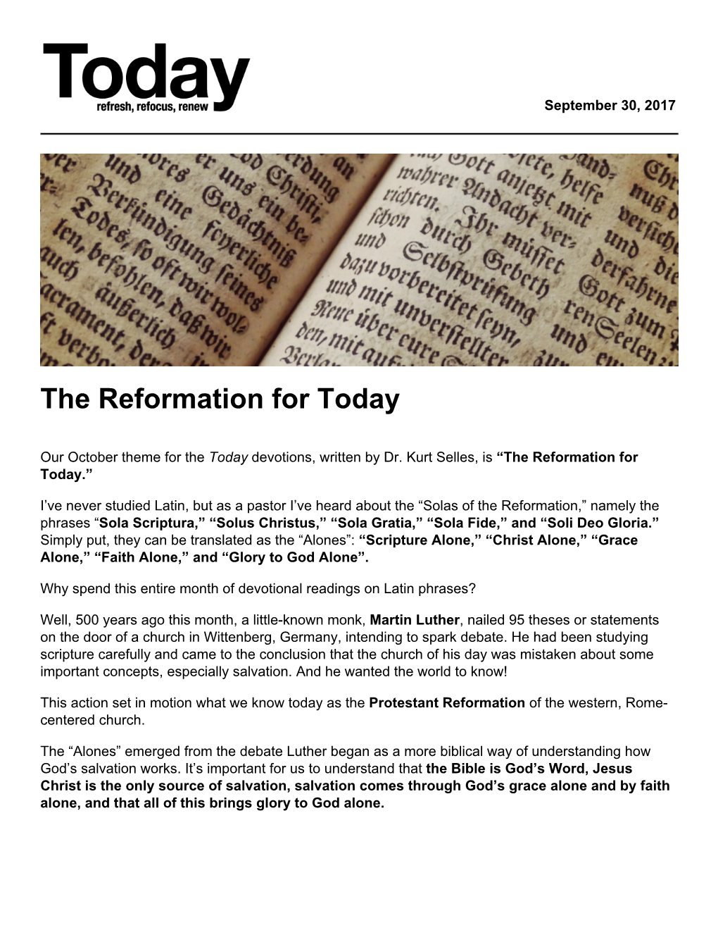 The Reformation for Today