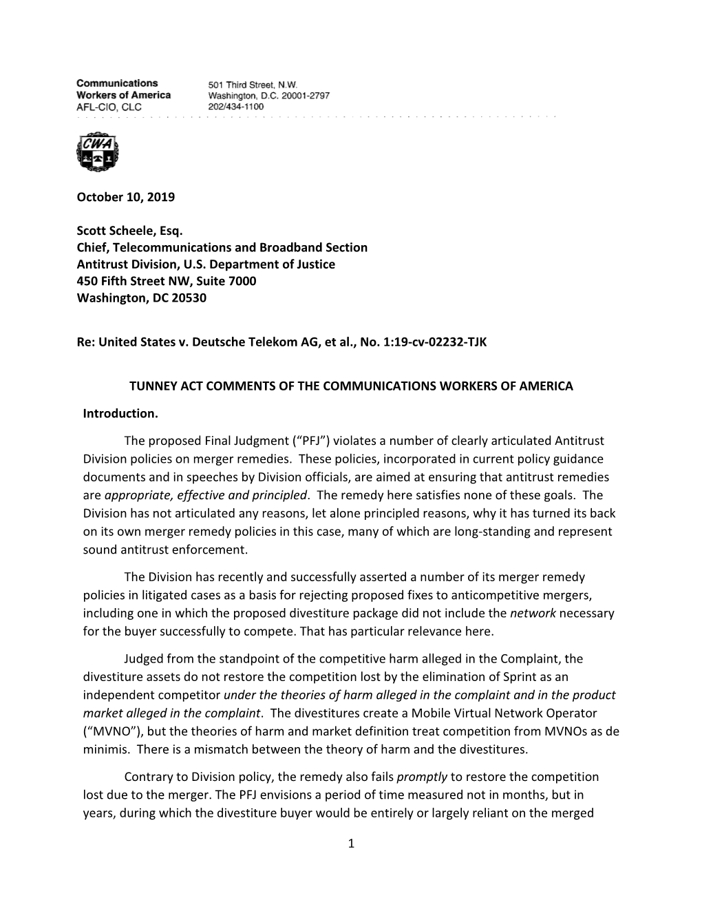 1 October 10, 2019 Scott Scheele, Esq. Chief, Telecommunications And