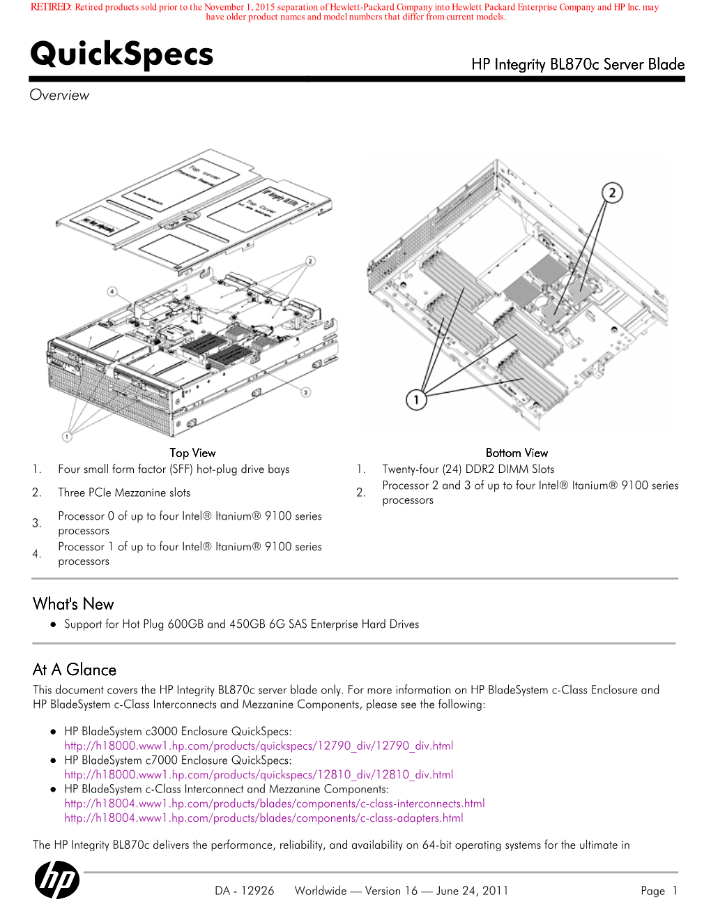 Quickspecs HP Integrity Bl870c Server Blade Overview