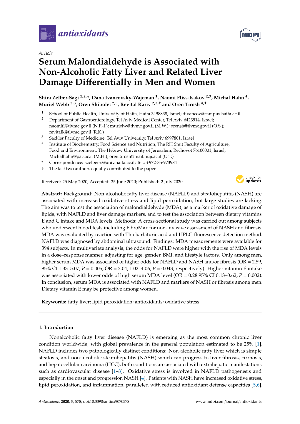 Serum Malondialdehyde Is Associated with Non-Alcoholic Fatty Liver and Related Liver Damage Diﬀerentially in Men and Women