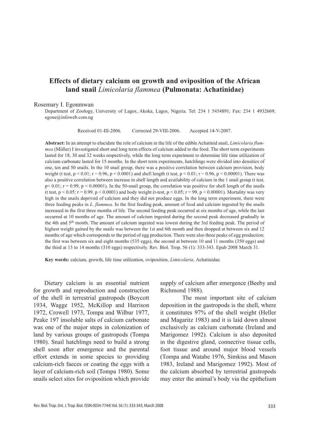 Effects of Dietary Calcium on Growth and Oviposition of the African Land Snail Limicolaria Flammea (Pulmonata: Achatinidae)