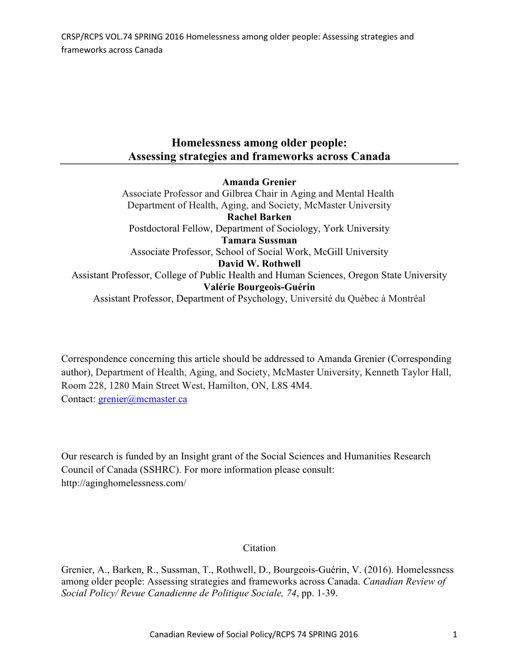 Homelessness Among Older People: Assessing Strategies and Frameworks Across Canada