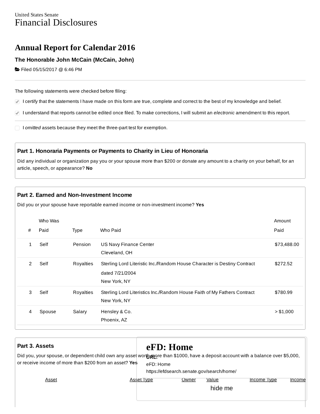 John Mccain Annual Financial Disclosure 2016