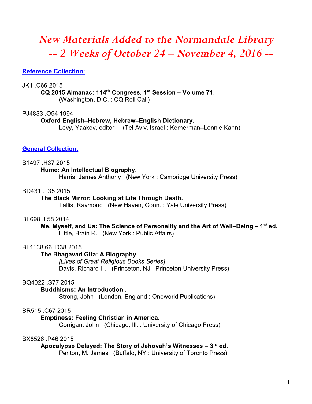 New Materials Added to the Normandale Library -- 2 Weeks of October 24 – November 4, 2016