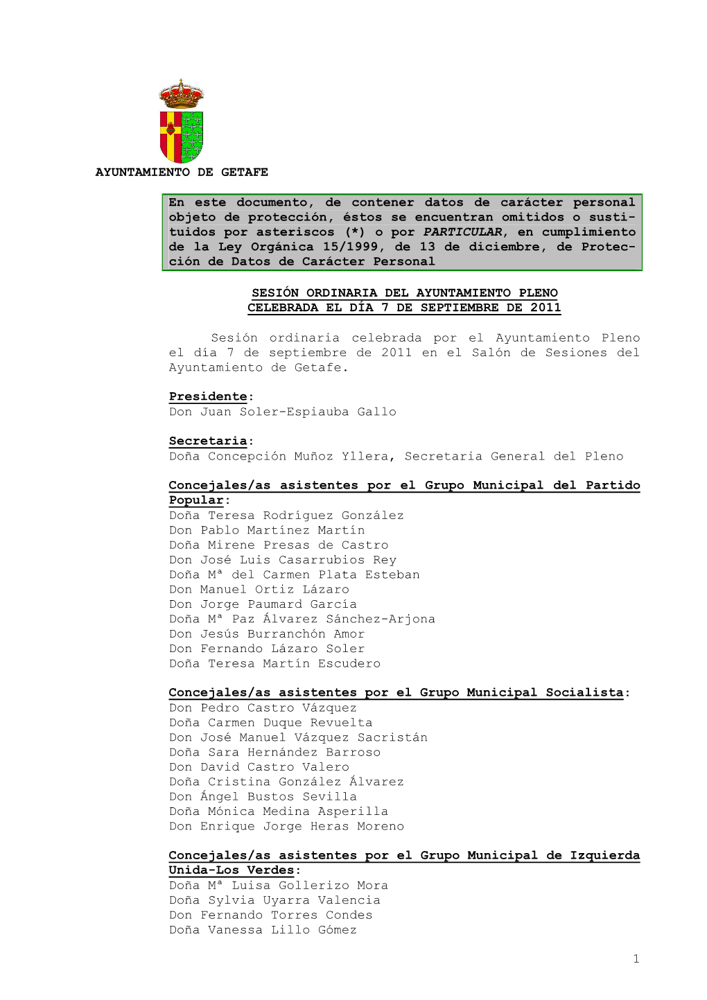 1 AYUNTAMIENTO DE GETAFE En Este Documento, De Contener Datos