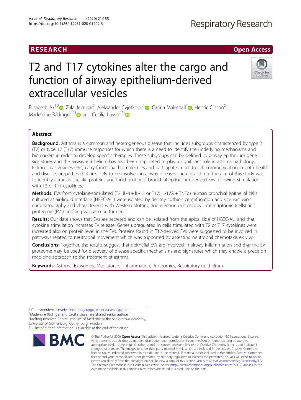 T2 and T17 Cytokines Alter the Cargo and Function of Airway Epithelium