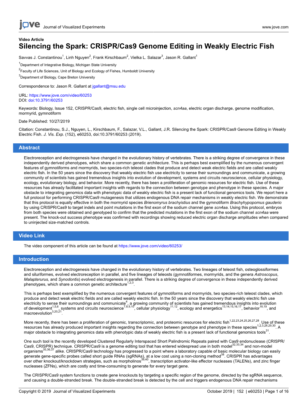 CRISPR/Cas9 Genome Editing in Weakly Electric Fish