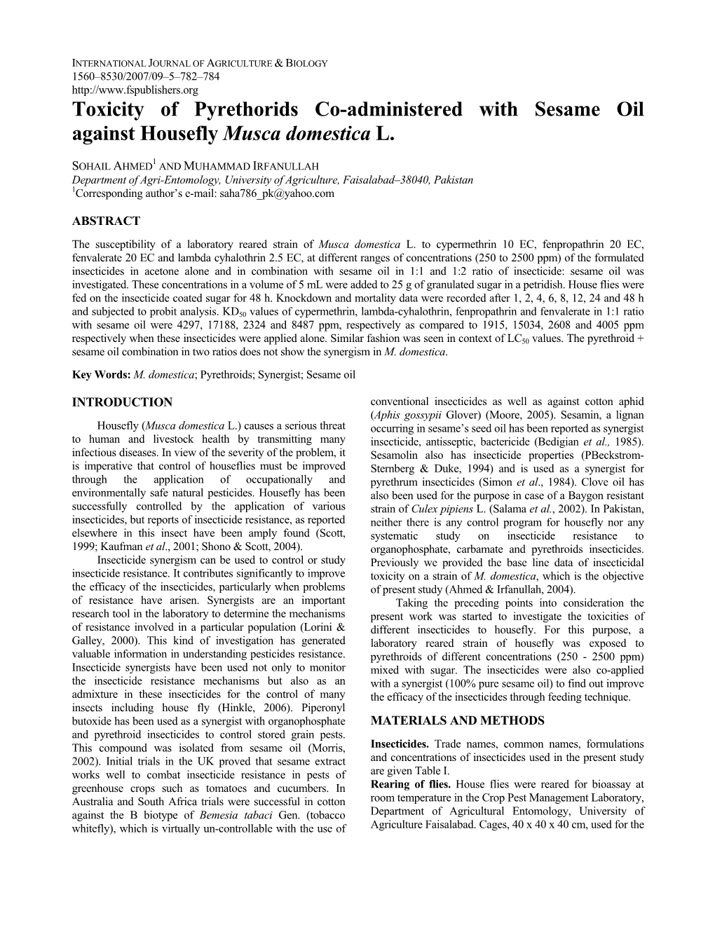 Toxicity of Pyrethorids Co-Administered with Sesame Oil Against Housefly Musca Domestica L