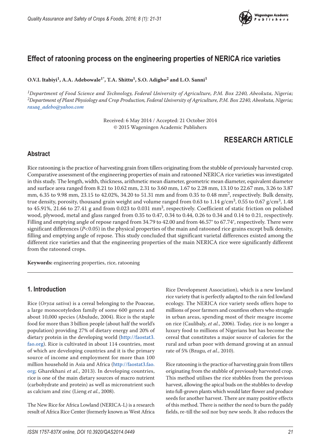 Quality Assurance and Safety of Crops & Foods