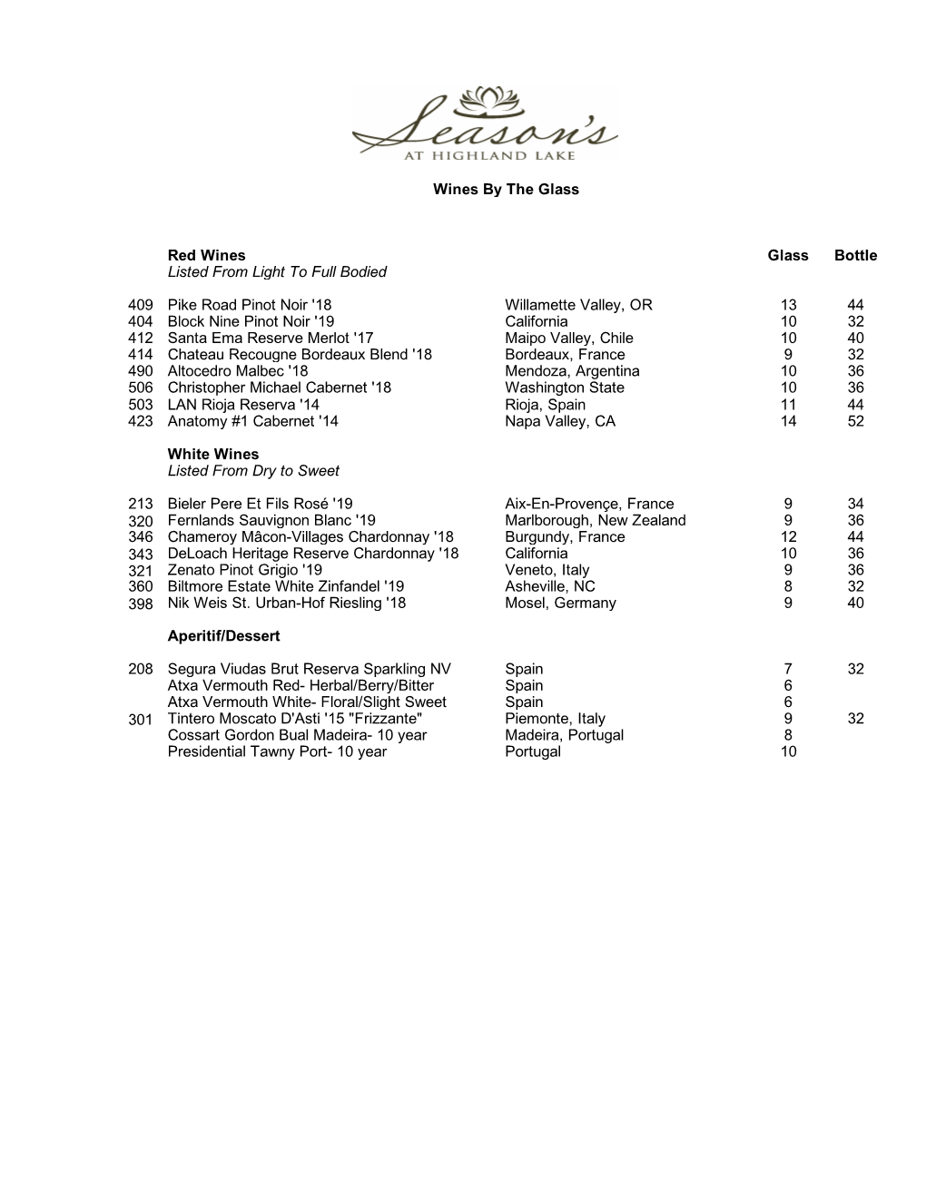 Wine List 2020