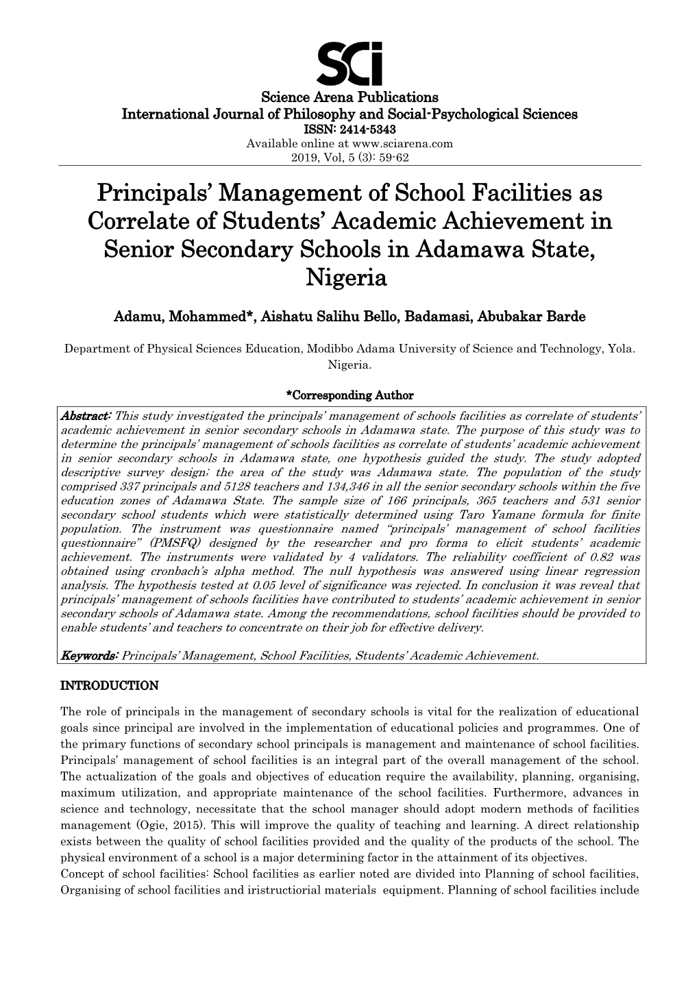 Principals' Management of School Facilities As Correlate of Students' Academic Achievement in Senior Secondary Schools in Ad