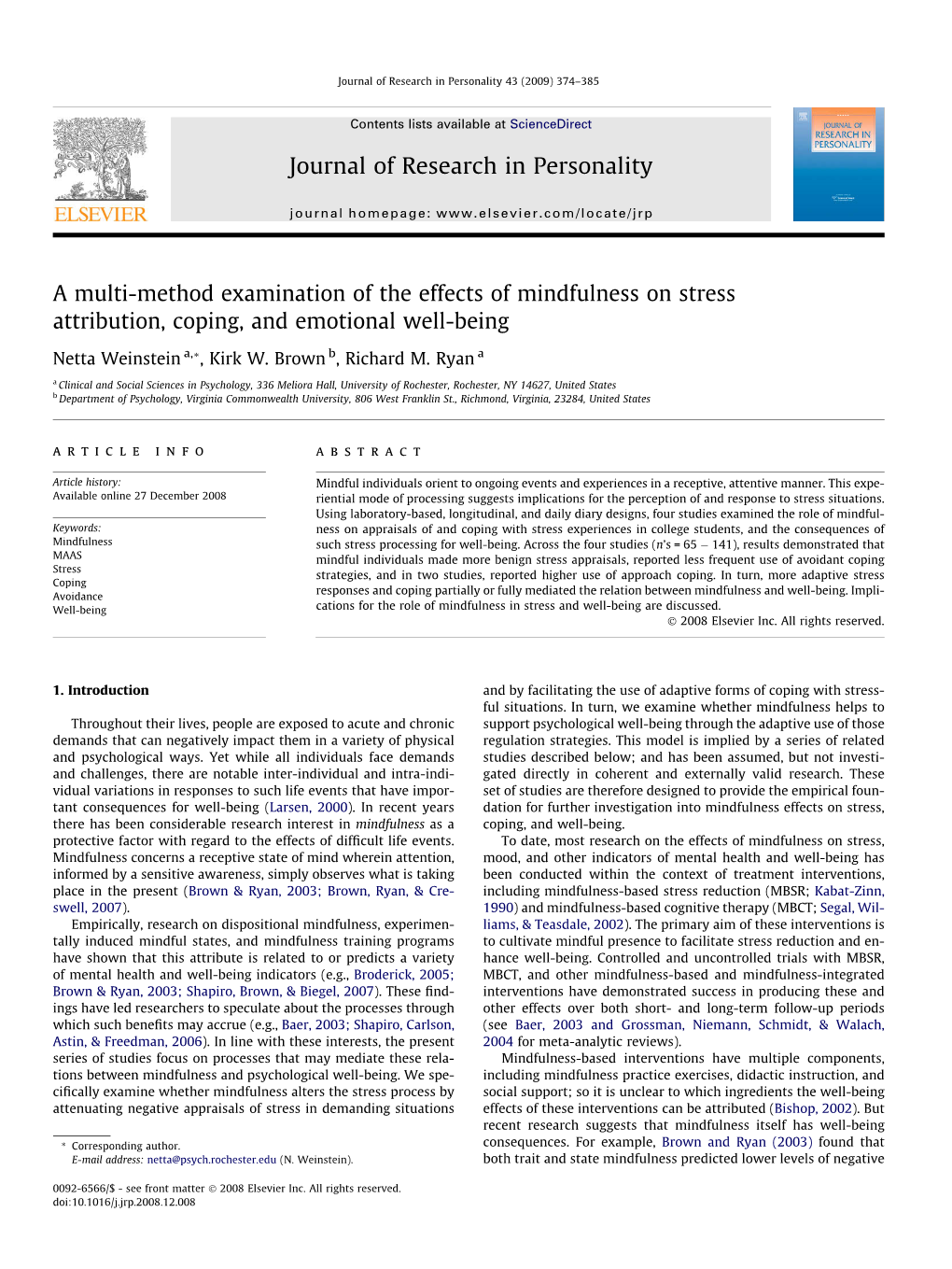 A Multi-Method Examination of the Effects of Mindfulness on Stress Attribution, Coping, and Emotional Well-Being