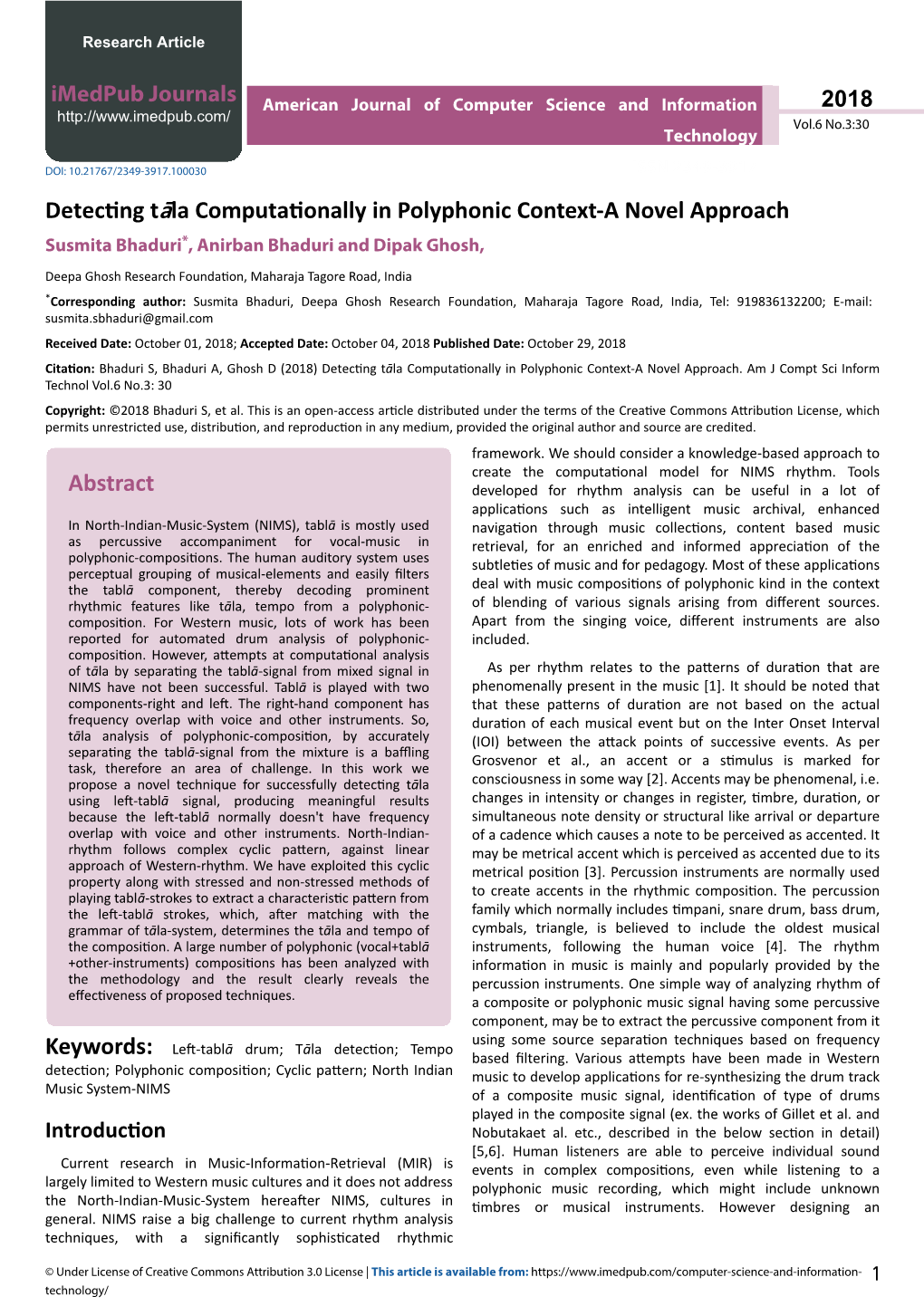 Detecting Tāla Computationally in Polyphonic Context-A Novel Approach Susmita Bhaduri*, Anirban Bhaduri and Dipak Ghosh