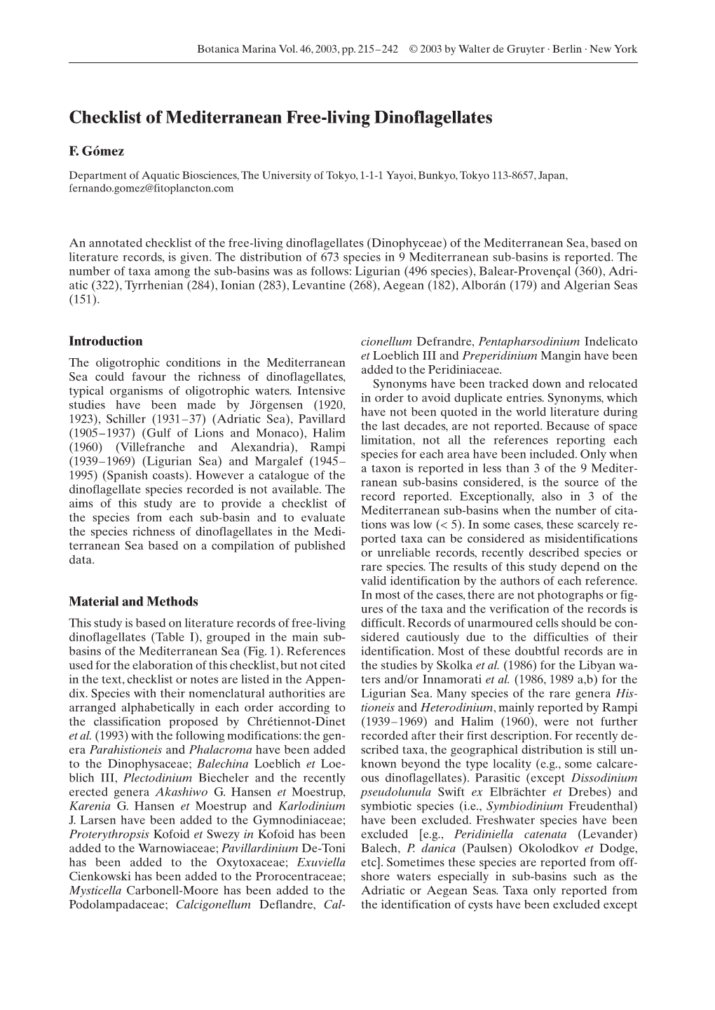 Checklist of Mediterranean Free-Living Dinoflagellates