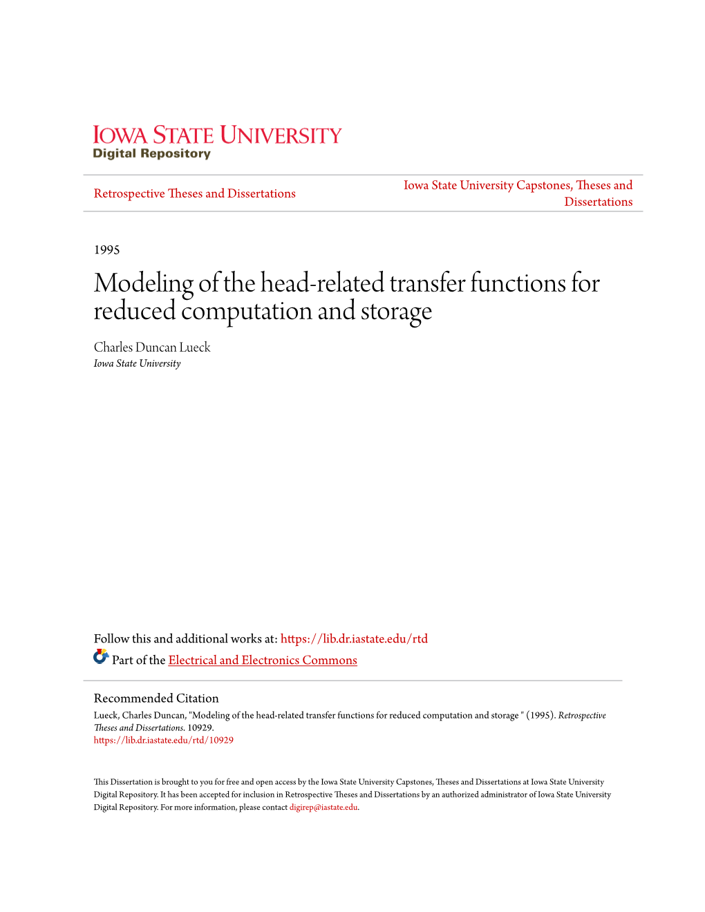 Modeling of the Head-Related Transfer Functions for Reduced Computation and Storage Charles Duncan Lueck Iowa State University