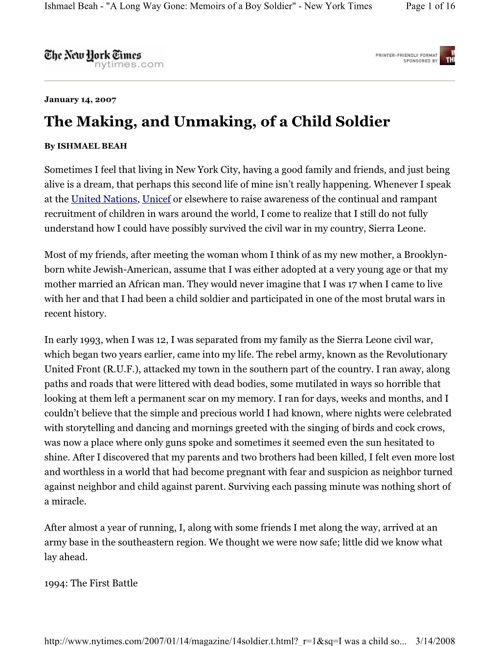 Beah, Ishmael 2007. the Making, and Unmaking, of a Child Soldier. New