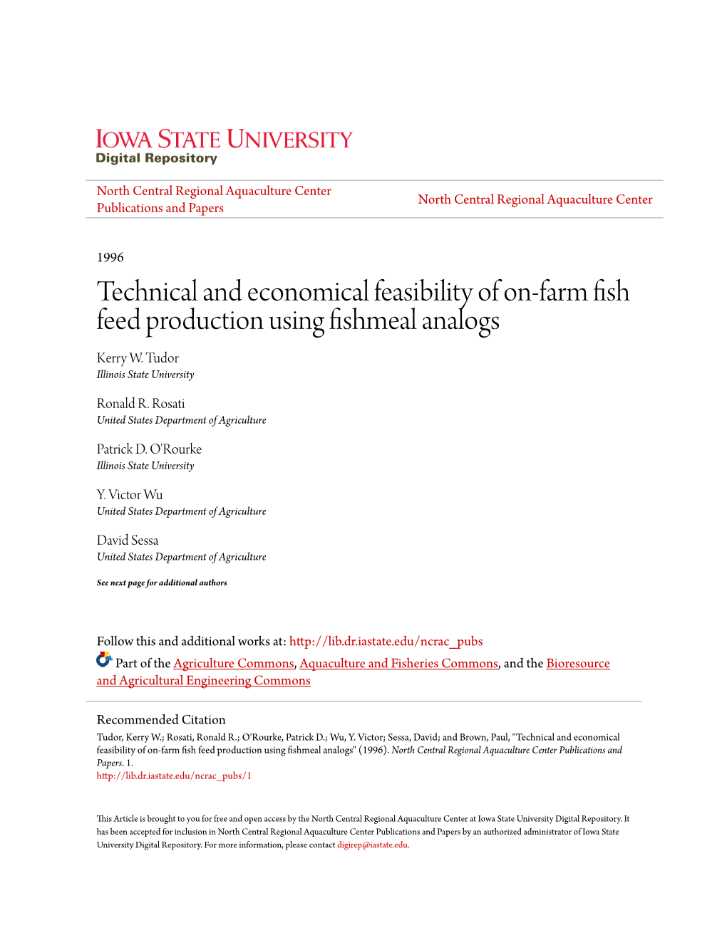 Technical and Economical Feasibility of On-Farm Fish Feed Production Using Fishmeal Analogs Kerry W