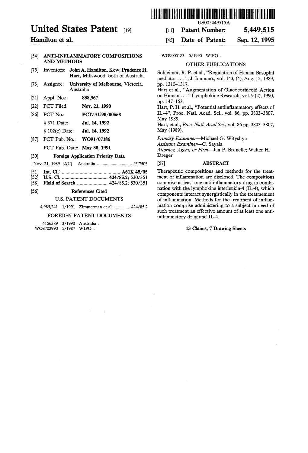 United States Patent 19 11 Patent Number: 5,449,515 Hamilton Et Al