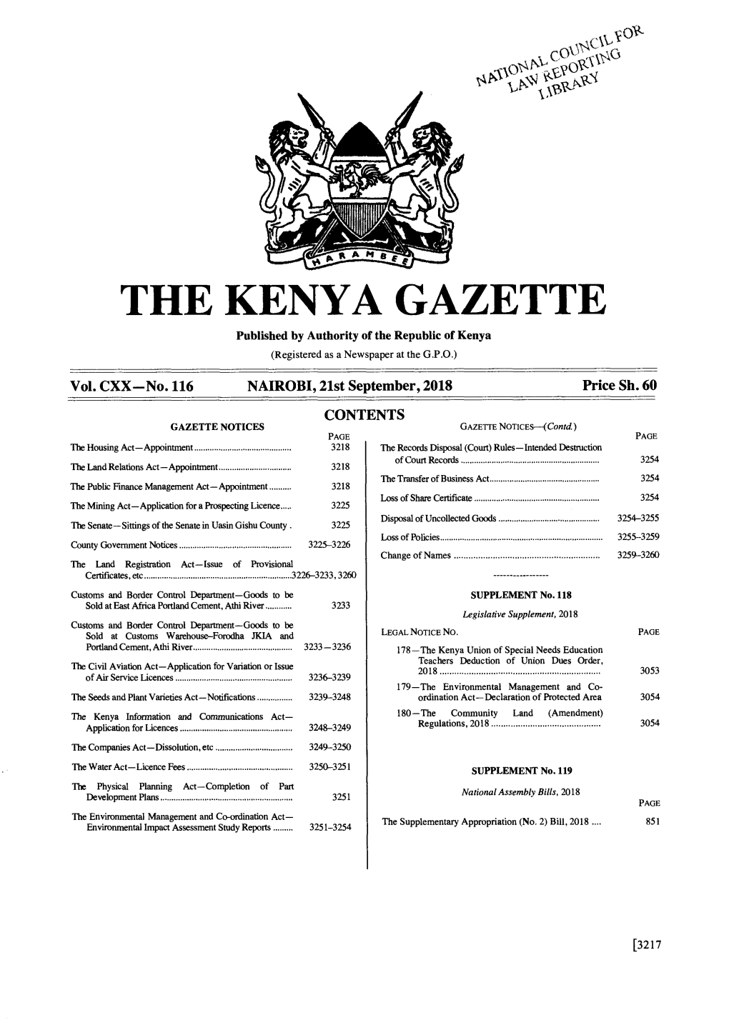 THE KENYA GAZETTE Published by Authority of the Republic of Kenya (Registered As a Newspaper at the G.P.O.)