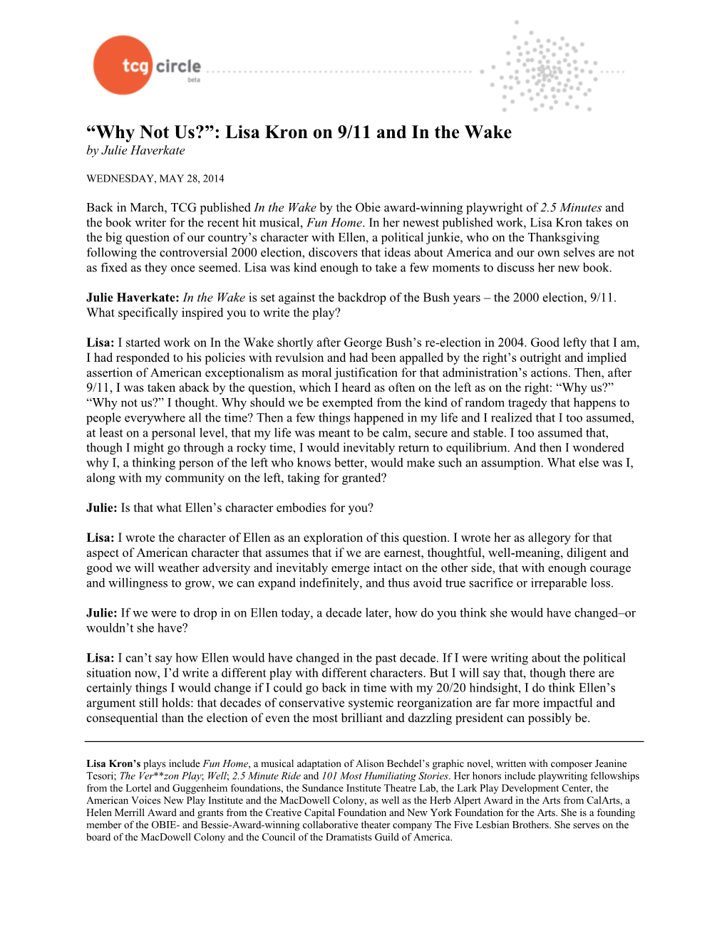 “Why Not Us?”: Lisa Kron on 9/11 and in the Wake by Julie Haverkate