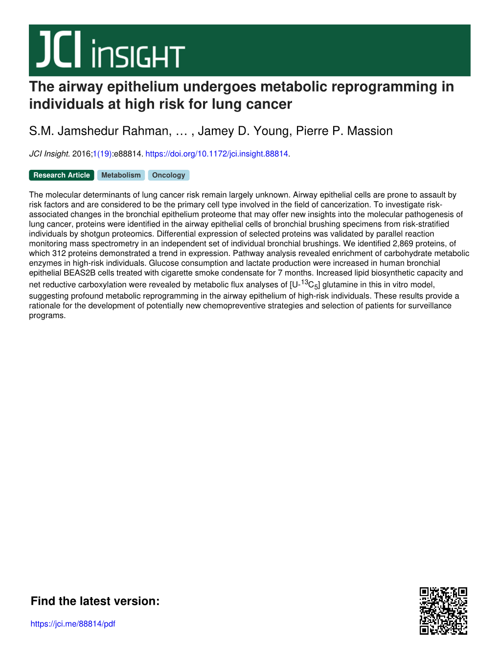 The Airway Epithelium Undergoes Metabolic Reprogramming in Individuals at High Risk for Lung Cancer