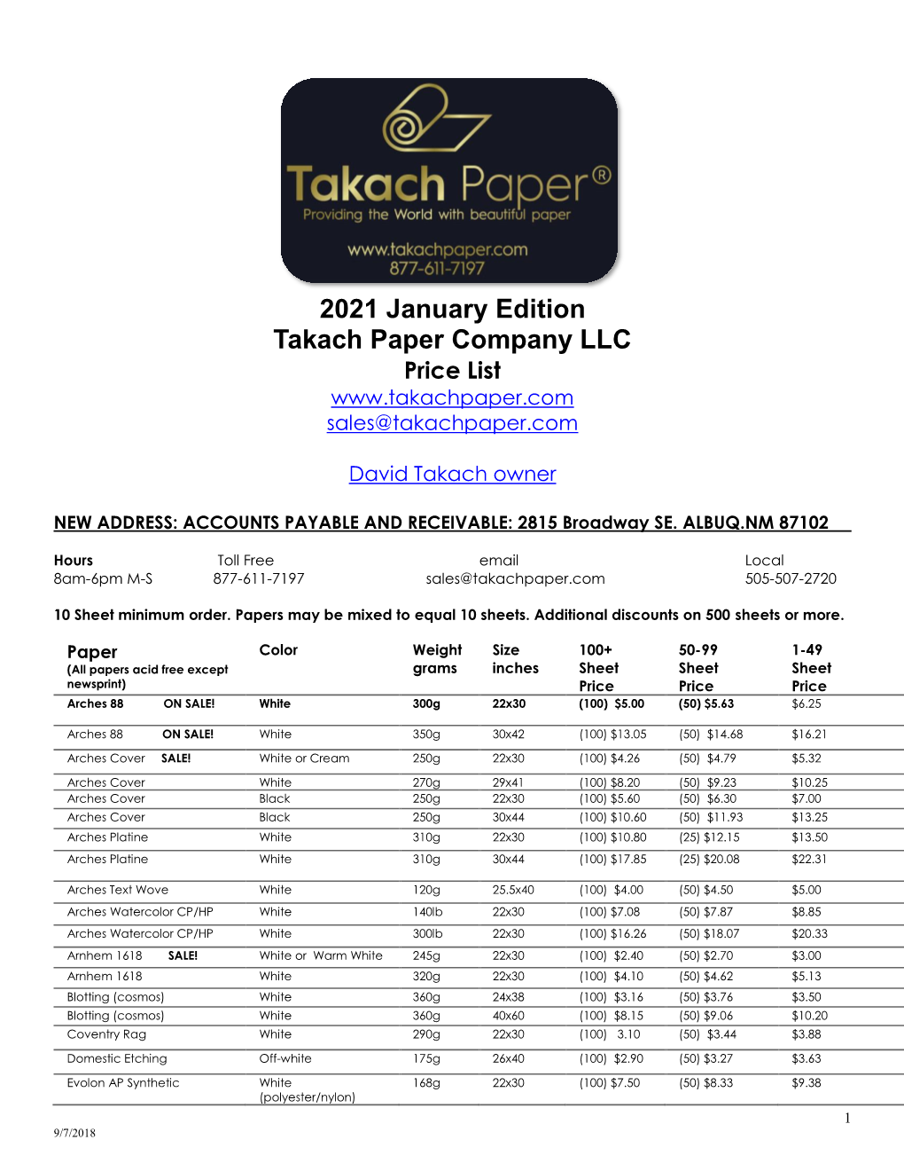 2021 January Edition Takach Paper Company LLC Price List Sales@Takachpaper.Com
