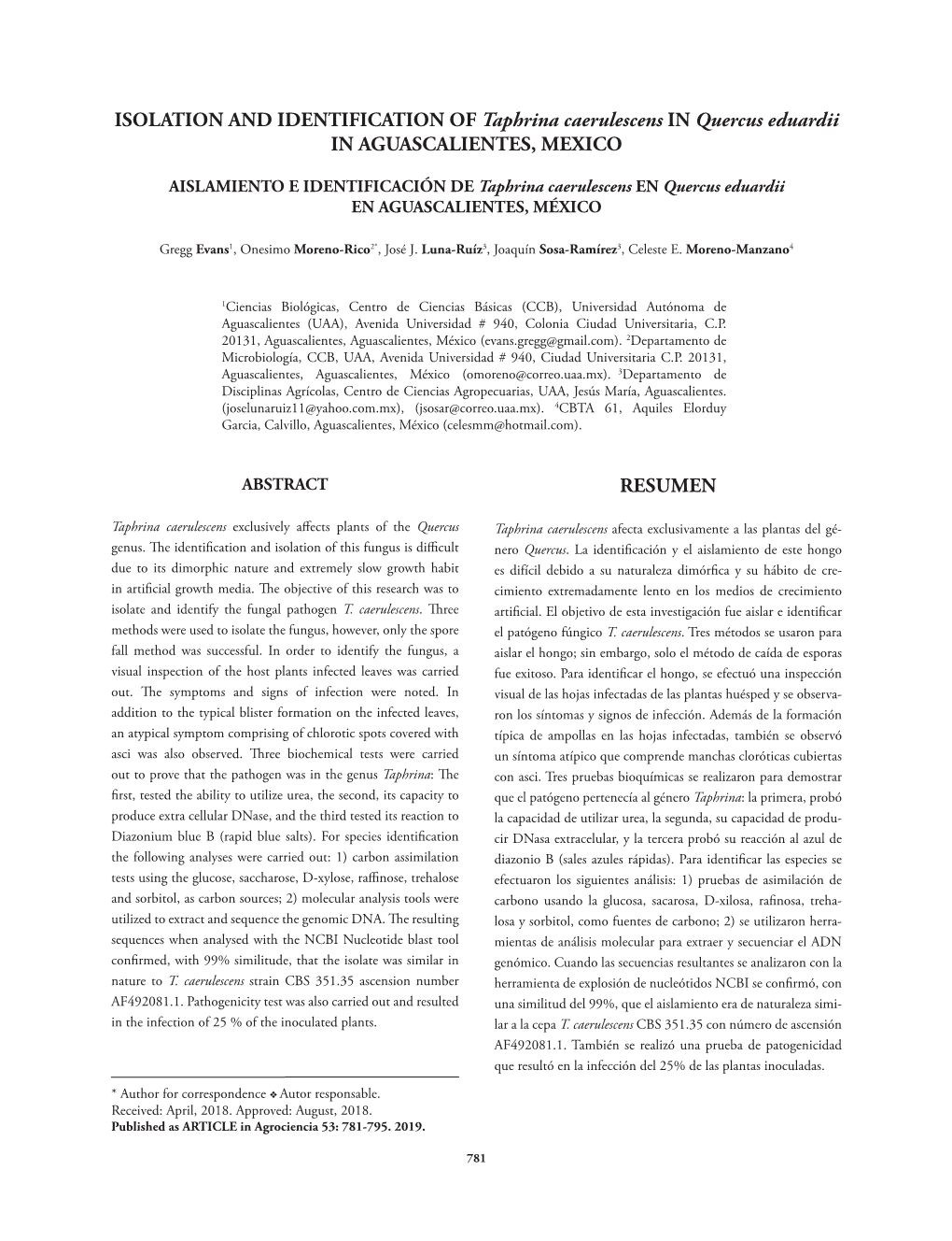 ISOLATION and IDENTIFICATION of Taphrina Caerulescens in Quercus Eduardii in AGUASCALIENTES, MEXICO