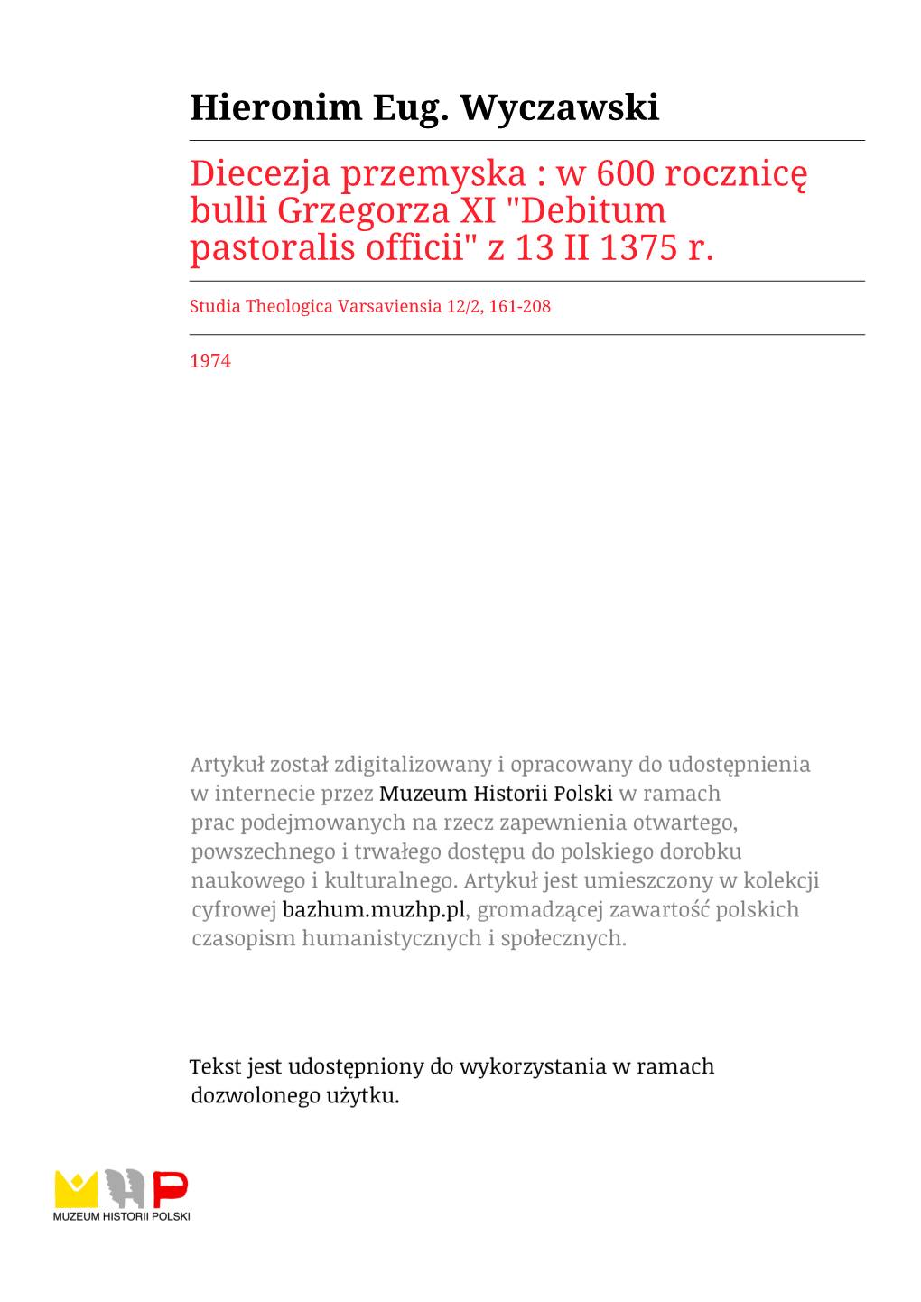 Diecezja Przemyska : W 600 Rocznicę Bulli Grzegorza XI "Debitum Pastoralis Officii" Z 13 II 1375 R