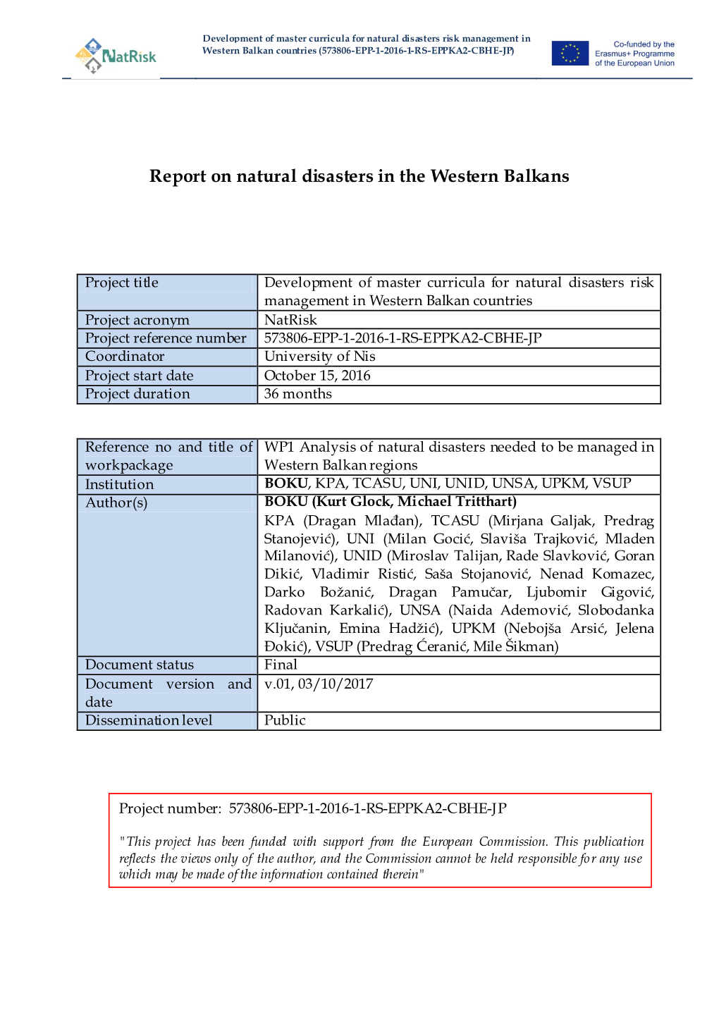 Report on Natural Disasters in the Western Balkans