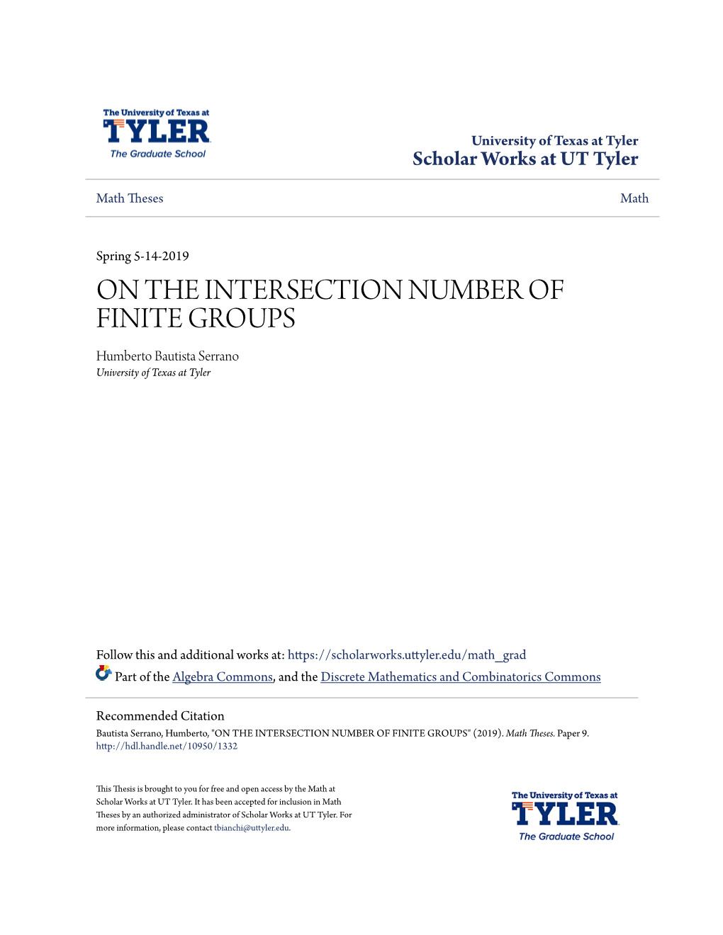 ON the INTERSECTION NUMBER of FINITE GROUPS Humberto Bautista Serrano University of Texas at Tyler