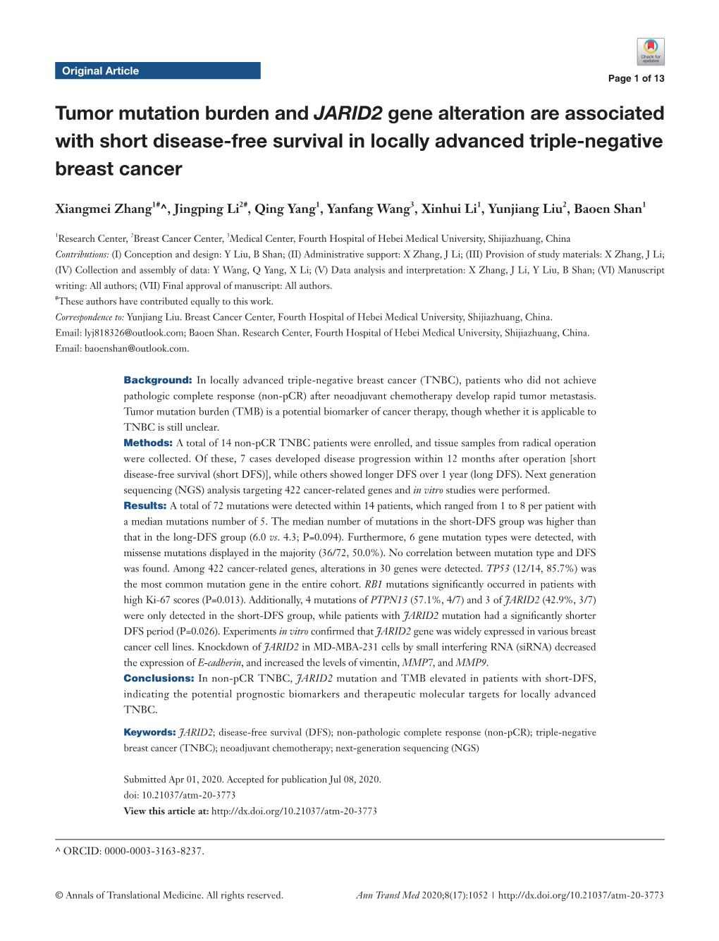 Tumor Mutation Burden and JARID2 Gene Alteration Are Associated with Short Disease-Free Survival in Locally Advanced Triple-Negative Breast Cancer