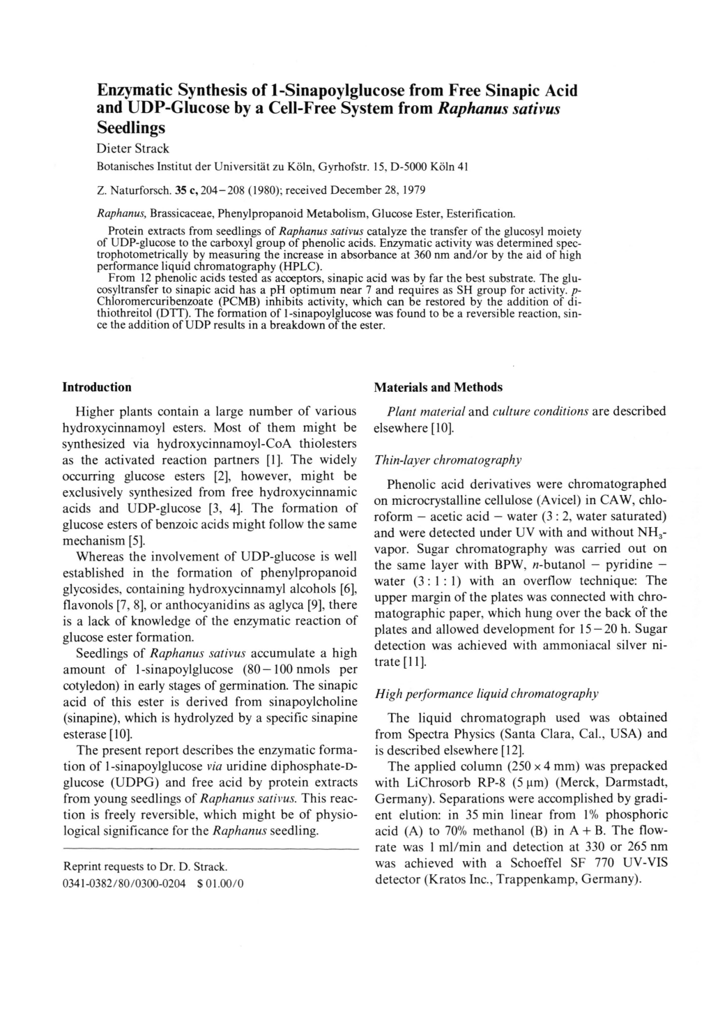 Enzymatic Synthesis of 1-Sinapoylglucose from Free