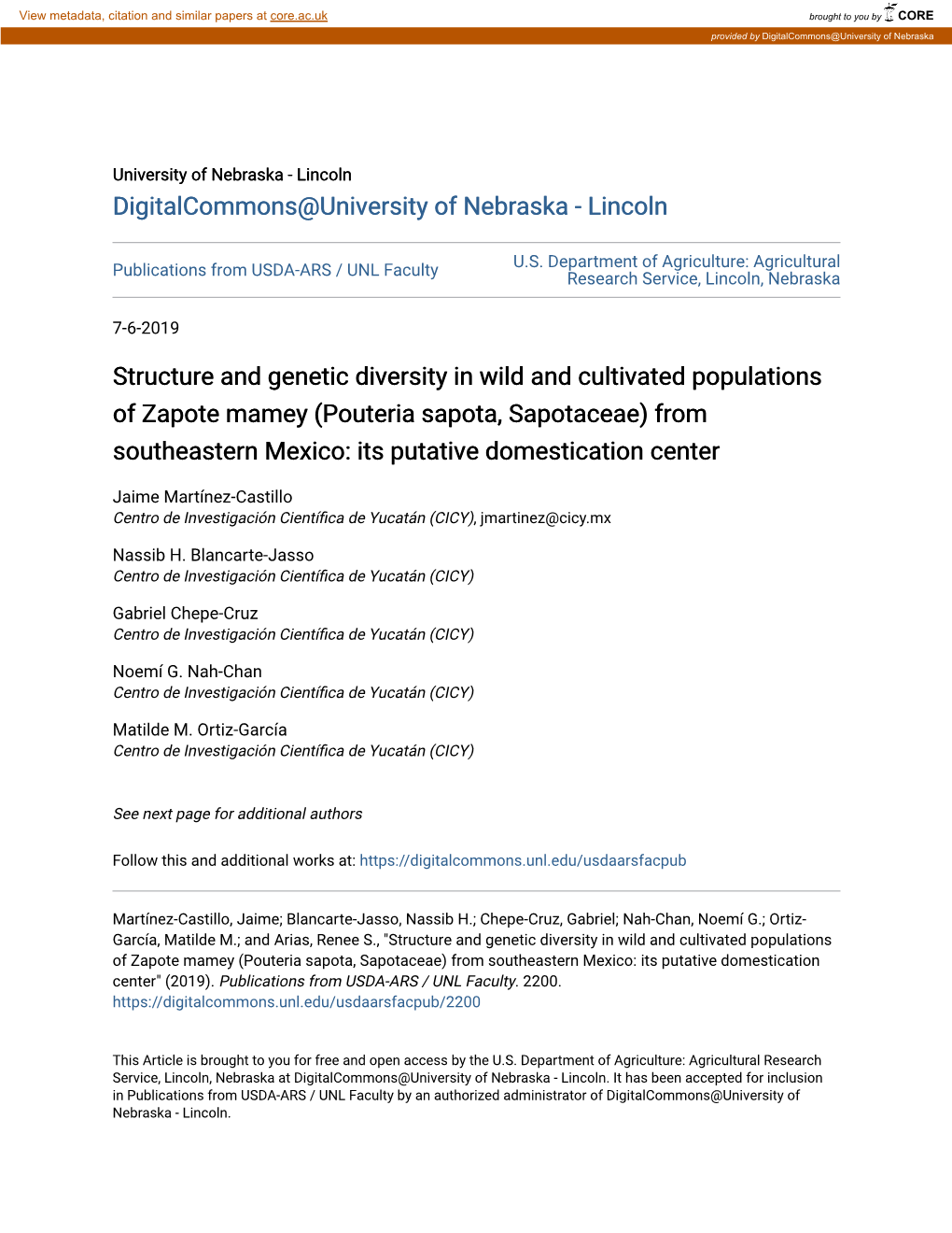 (Pouteria Sapota, Sapotaceae) from Southeastern Mexico: Its Putative Domestication Center