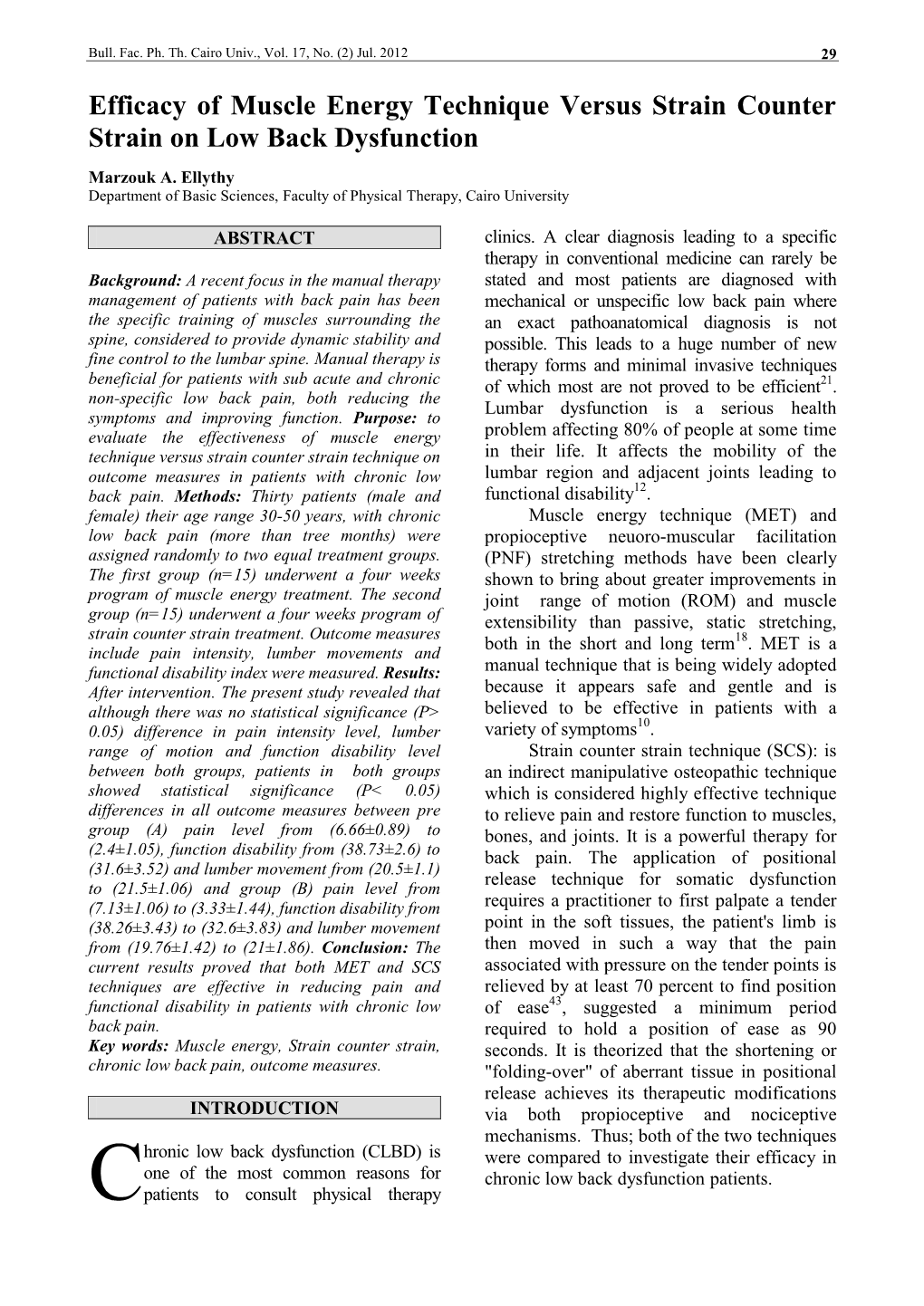 Efficacy of Muscle Energy Technique Versus Strain Counter Strain on Low Back Dysfunction