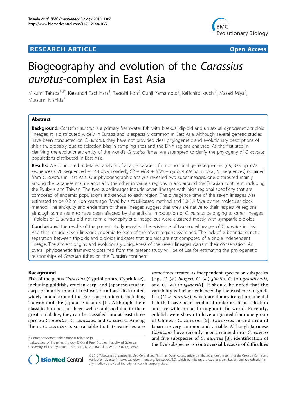 Biogeography and Evolution of the Carassius Auratus-Complex in East