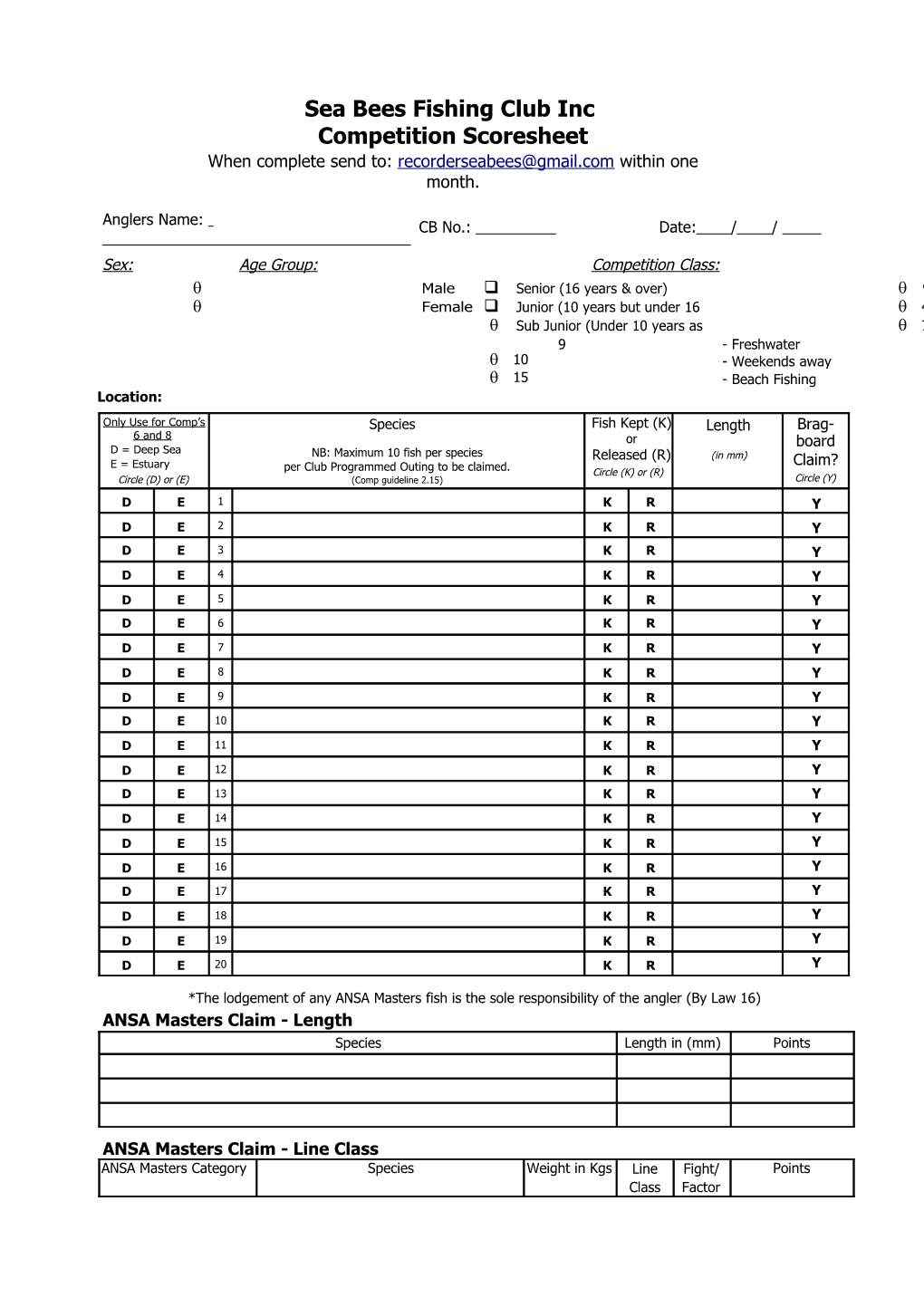 Sea Bees Fishing Club Inc Competition Scoresheet