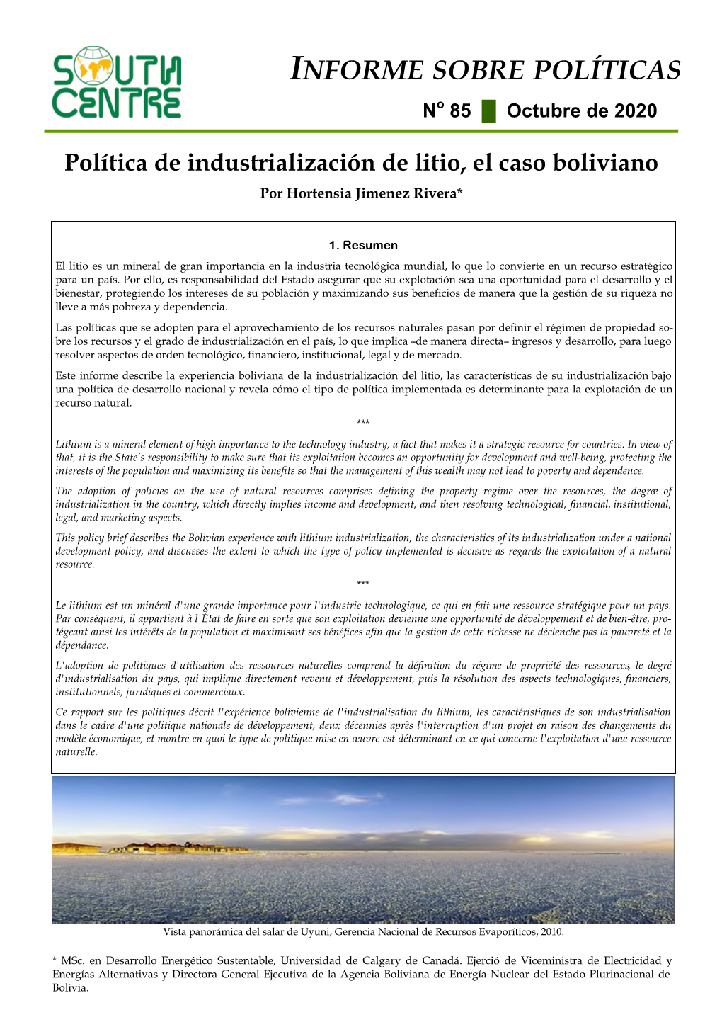 Política De Industrialización De Litio, El Caso Boliviano Por Hortensia Jimenez Rivera*