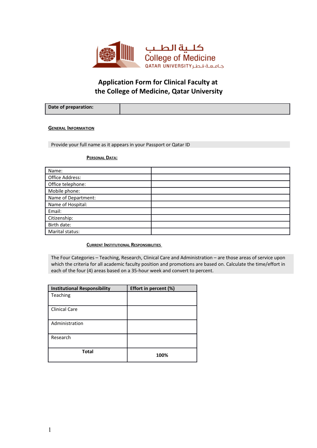 Application Form for Clinical Faculty at the College of Medicine, Qatar University